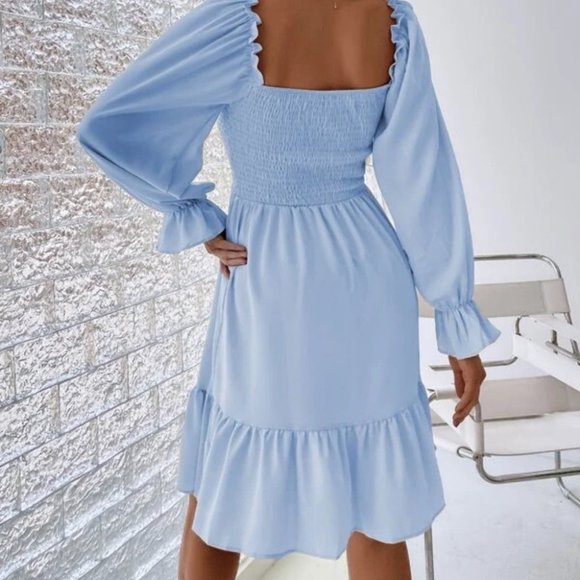 Shirred Bodice Flounce Sleeve Ruffle Hem Dress BLUE - Picture 3 of 7